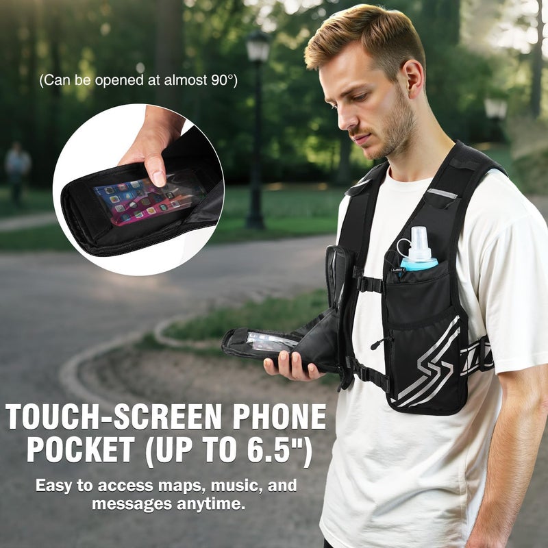 PLUSINNO Running Vest for Women Men, Running Hydration Vest with 500ml Soft Flask & Touch-Screen Phone Pocket, Reflective Lightweight Hydration Backpack for Hiking with Adjustable Chest Waist Straps - Image 3